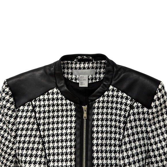 H&M Women Black White Houndstooth Faux Leather Trim Moto Jacket Size US 4 - Picture 2 of 8